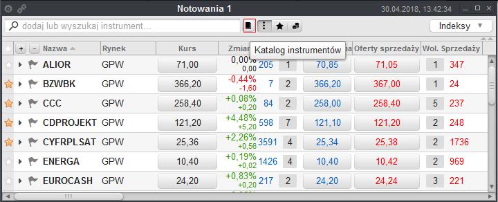 Rys. 32. Otwarcie okna Katalogu instrumentów z poziomu okna Notowania. 6.2. DODAWANIE INSTRUMENTU Aby dodać instrument do okna za pomocą katalogu: 1.