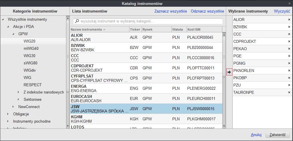 3. Kliknij w strzałkę widoczną na Rys. 33., która znajduje się po prawej stronie tabeli z listą instrumentów, w celu przeniesienia wybranych instrumentów do obszaru Wybrane instrumenty, 4.