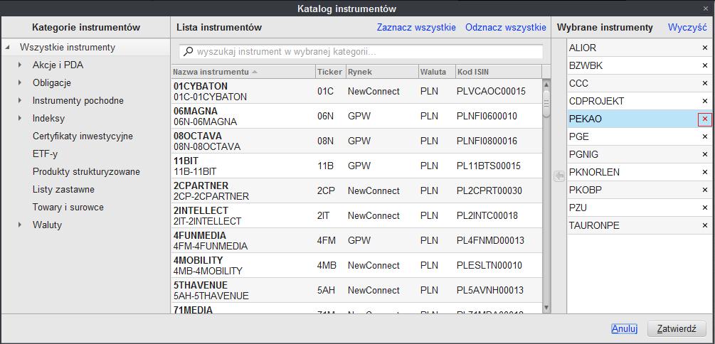 Rys. 33. Przenoszenie wybranych instrumentów z Listy instrumentów do obszaru Wybrane instrumenty. 6.3. USUWANIE INSTRUMENTU Aby usunąć pojedynczy instrument z okna za pomocą katalogu, w obszarze Wybrane instrumenty kliknij w znak x widoczny z prawej strony nazwy instrumentu (Rys.