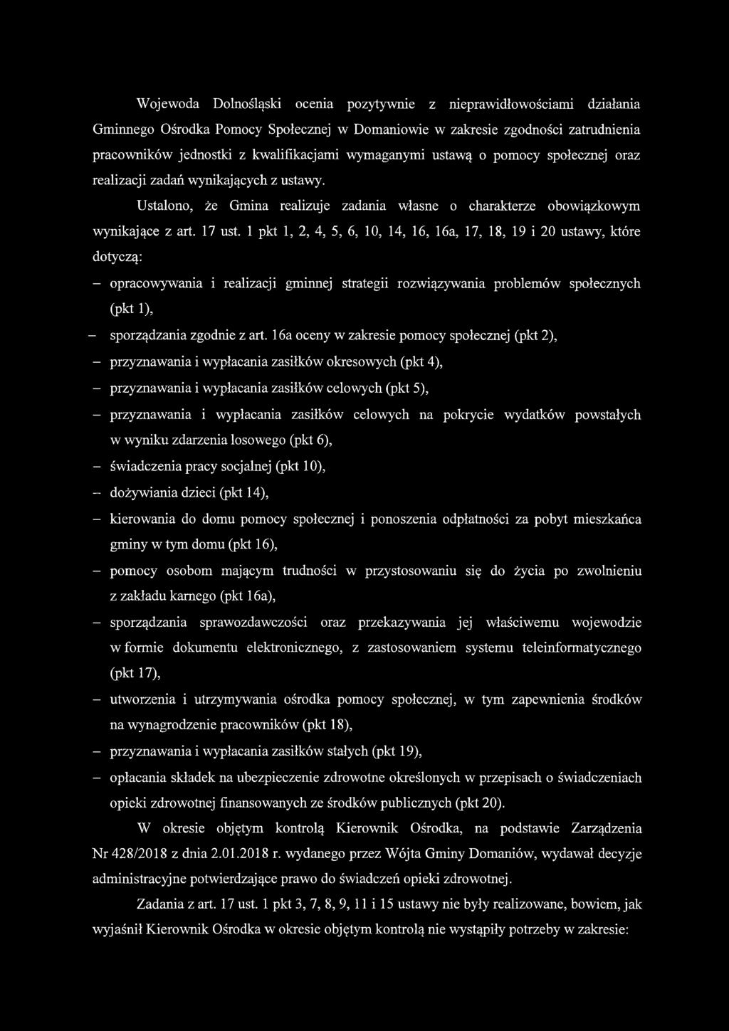 Wojewoda Dolnośląski ocenia pozytywnie z nieprawidłowościami działania Gminnego Ośrodka Pomocy Społecznej w Domaniowie w zakresie zgodności zatrudnienia pracowników jednostki z kwalifikacjami
