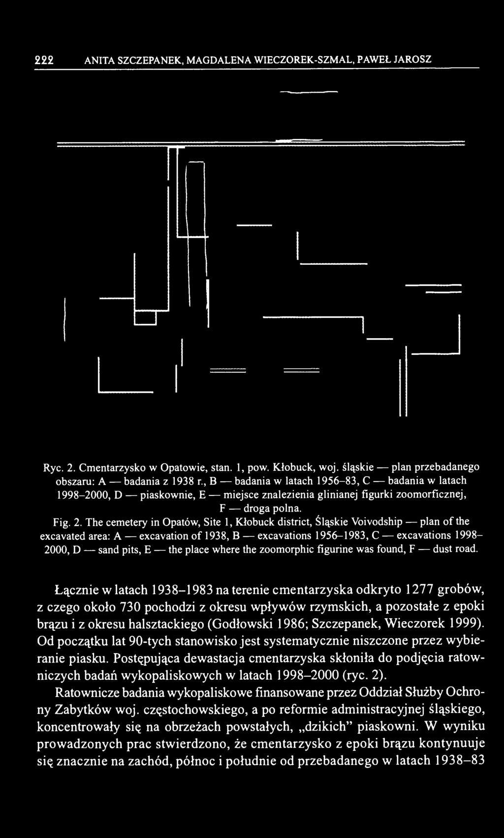 Łącznie w latach 1938-1983 na terenie cmentarzyska odkryto 1277 grobów, z czego około 730 pochodzi z okresu wpływów rzymskich, a pozostałe z epoki brązu i z okresu halsztackiego (Godłowski 1986;