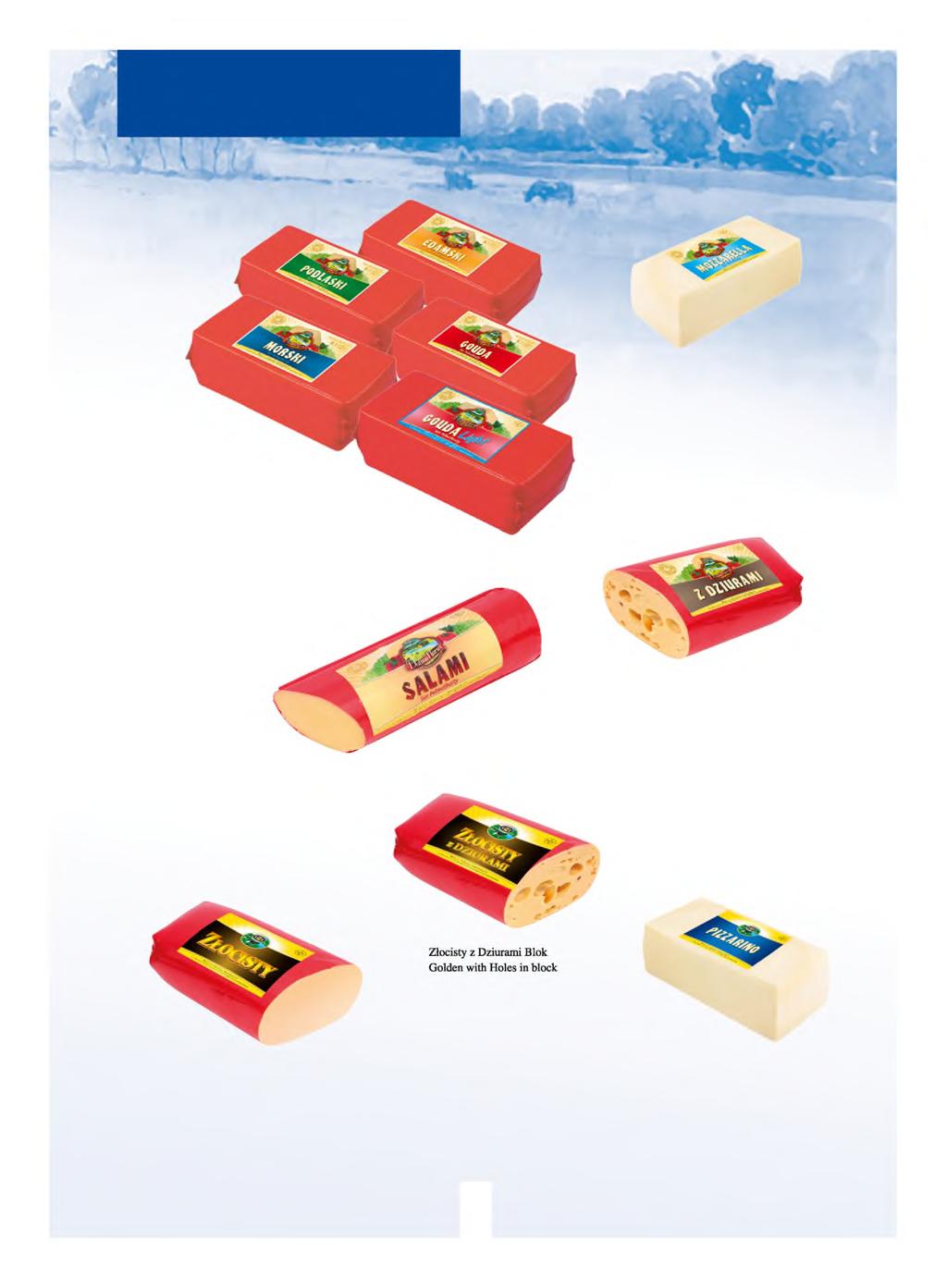 Sery w blokach Block Cheeses Ser Gouda, Edamski, Podlaski, Morski blok Gouda, Edamski, Podlaski, Morski cheese in block Masa netto: 3-3,5 kg Net weight: 3-3,5 kg Ser Mozzarella blok Mozzarella cheese