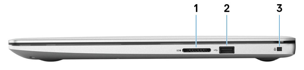 Widoki komputera Inspiron 3585 2 Prawa strona W przypadku komputerów z napędem optycznym 1 Gniazdo karty SD Umożliwia odczytywanie i zapisywanie informacji na karcie SD. 2 Port USB 2.
