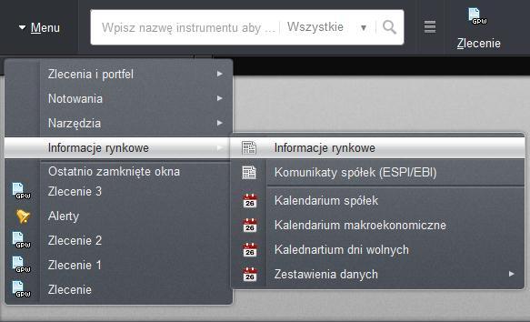 1. OPIS OKNA Informacje rynkowe to narzędzie prezentujące bieżące i historyczne informacje rynkowe dostarczane przez Polską Agencję Prasową oraz agencję ISBNews, a także komunikaty pochodzące od