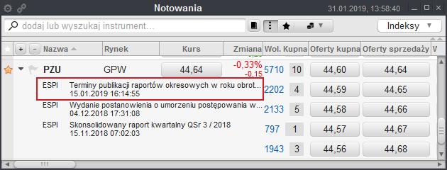 3.5. KOMUNIKATY SPÓŁEK Komunikaty spółek można otworzyć z poziomu: Okna Notowań klikając na link z Informacjami rynkowymi dotyczącymi spółek powodując domyślne otwarcie okna Informacje rynkowe ze