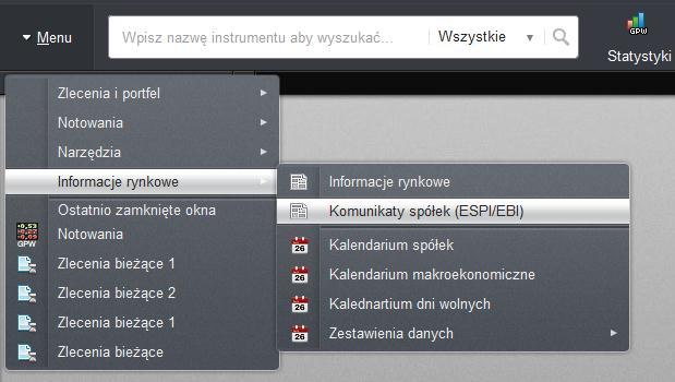 ). Rys. 227. Kliknięcie komunikatu zaznaczonego w czerwonej ramce spowoduje otwarcie okna z Informacjami rynkowymi. z menu głównego aplikacji etrader zgodnie z Rys. 228.