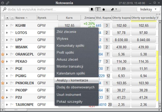 z poziomu menu pod prawym przyciskiem myszy w oknie Notowania (Rys. 244.). Rys. 244. Otwieranie okna Analizy i komentarze z poziomu menu kontekstowego w oknie Notowania.