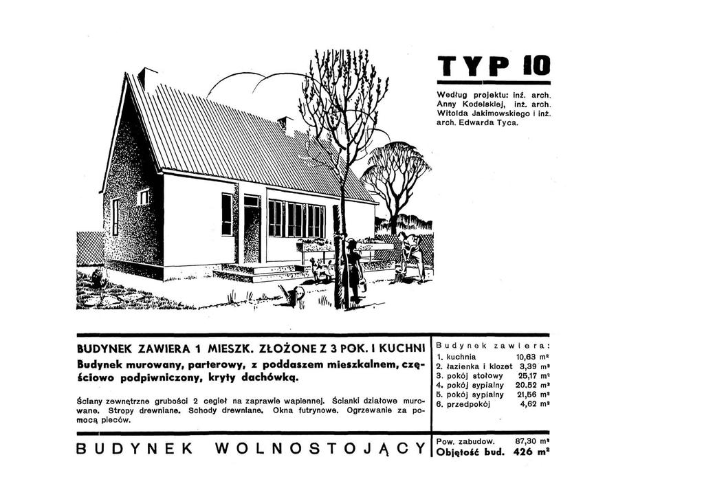 TYP Według projektu: inź. arch. Anny Kodelsklej, inż. arch. Witolda Jakimowskiego i inż. arch. Edwarda Tyca. BUDYNEK ZAWIERA 1 MIESZK. ZŁOŻONE Z 3 POK.