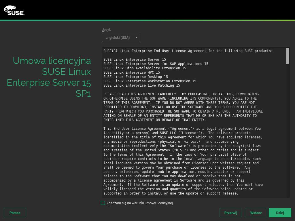 SUSE Linux Enterprise Server for SAP Applications 15 SP1 (instrukcja instalacji znajduje się na stronie https://www.suse.com/documentation/sles-for-sap/ ) SUSE Manager Server 4.