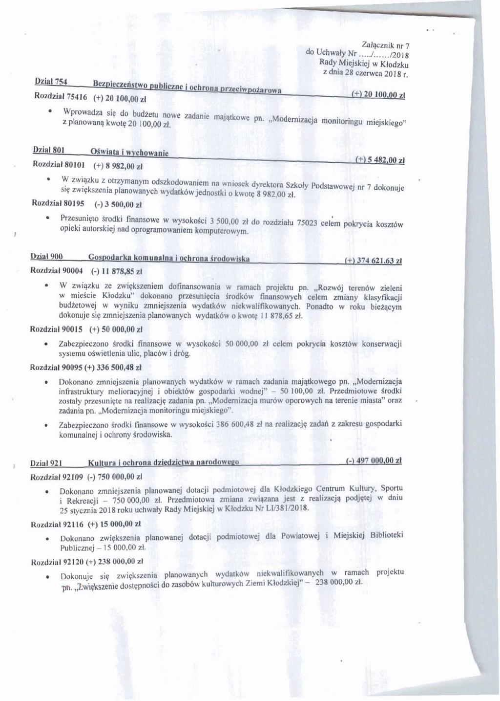 Przesuni~ Srodki fin-owe w wysok do 7 m ce~b*cia kosndw opieki autorskiej nad apffogramoargiem 1 Rozdzial90015 (+) 50 000,OO d Zabezpieczono Srodki h o w e s wysokofci Ski M: systemu oswietlenia
