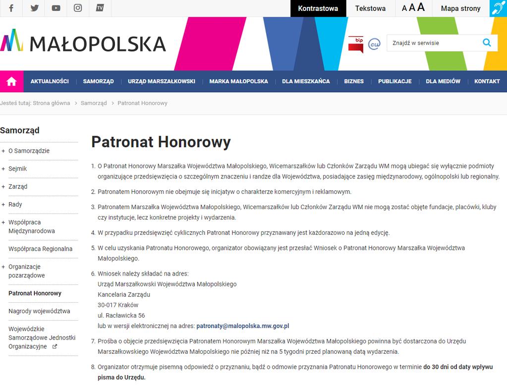 MAŁOPOLSKA DLA NGO S PATRONATY, REKOMENDACJE obejmowanie honorowym patronatem Marszałka Województwa przedsięwzięć