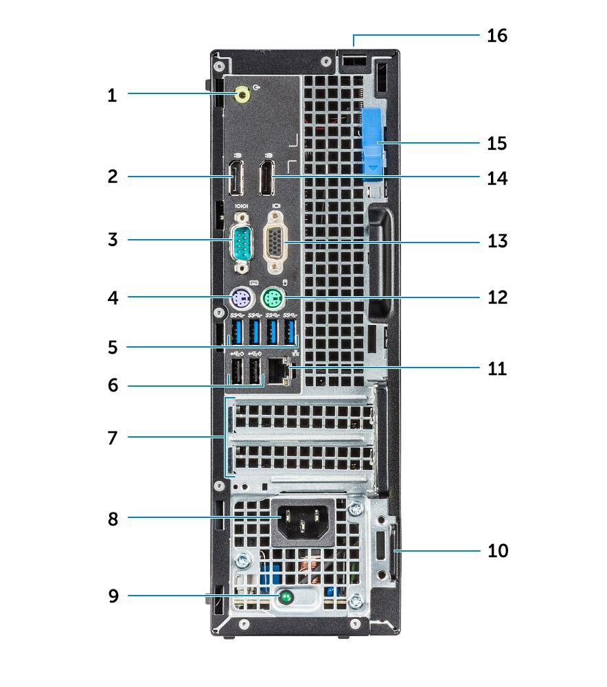 Widok z tyłu obudowy układ APU z serii Radeon R7 A 1 Złącze wyjścia liniowego 2 Złącze DisplayPort 3 Port szeregowy 4 Port PS/2 klawiatury 5 Porty USB 3.0 6 Porty USB 2.