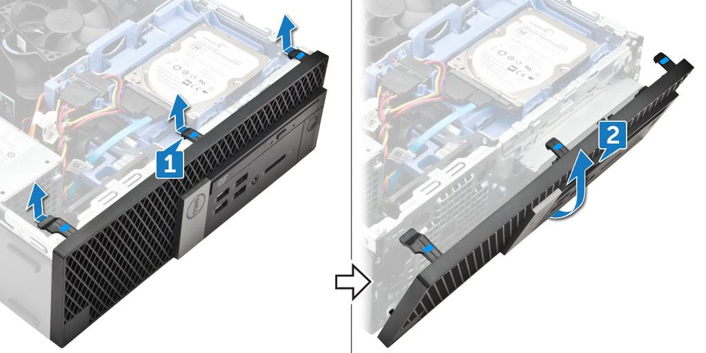 Instalowanie pokrywy przedniej 1 Wsuń zaczepy ramki do szczelin w obudowie. 2 Dociśnij pokrywę, aby zaczepy zaskoczyły. 3 Zainstaluj pokrywę.