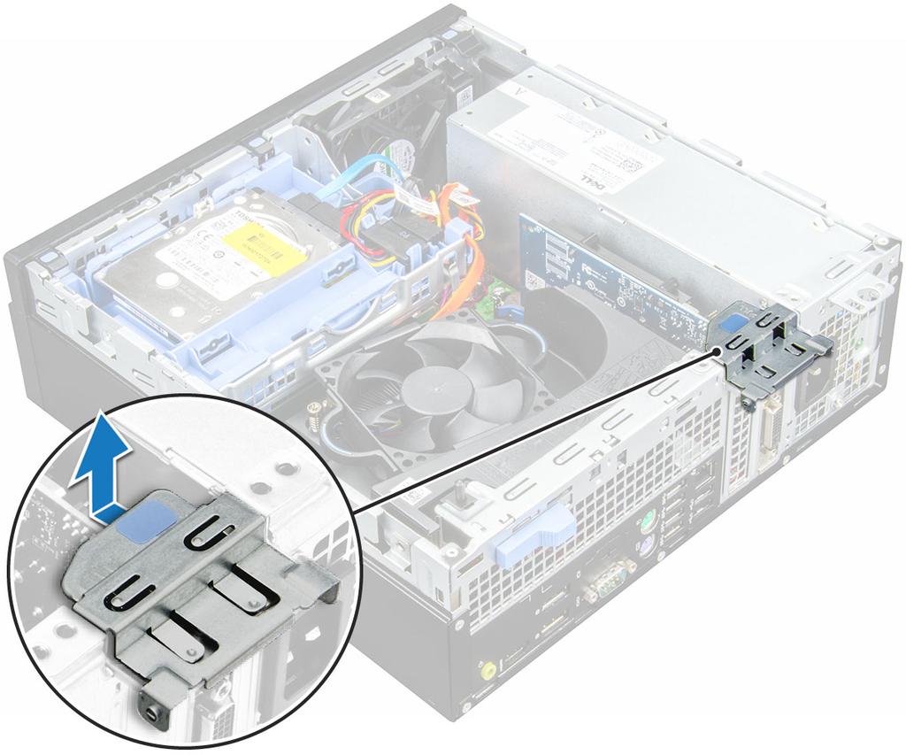 4 Aby wyjąć kartę rozszerzeń PCIe, wykonaj następujące czynności: a Pociągnij zatrzask zwalniający, aby uwolnić kartę rozszerzeń PCIe [1].