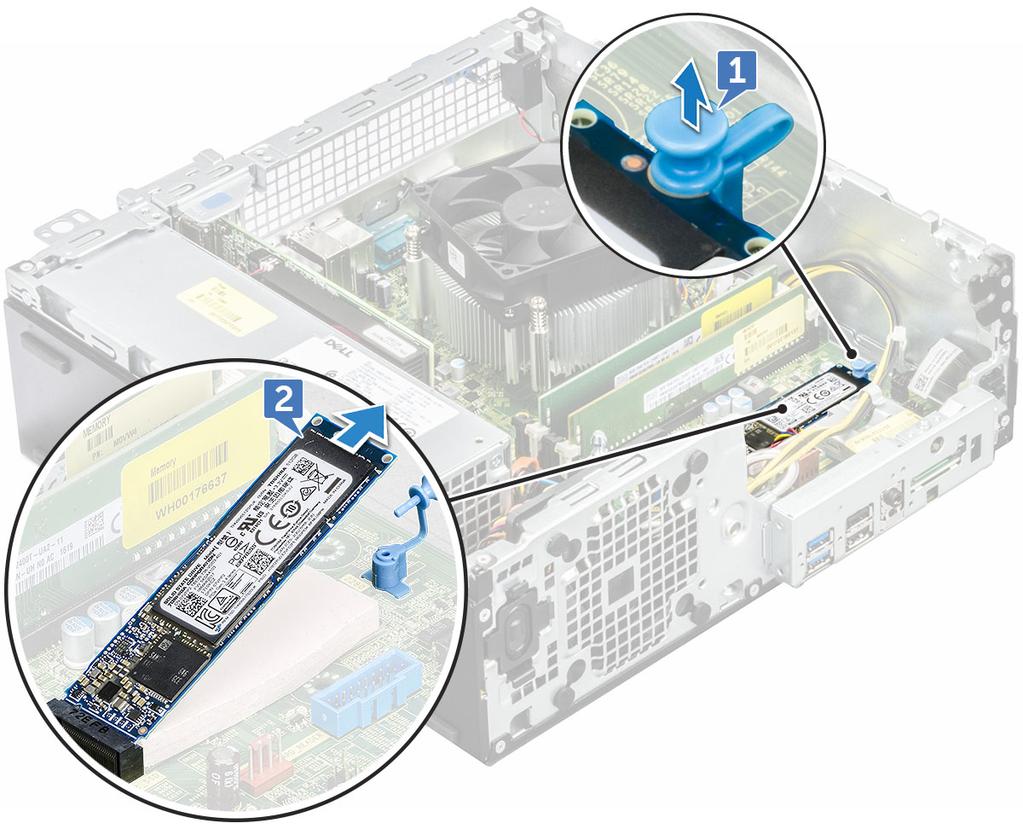 b c d osłona radiatora osłona przednia pokrywa 7 Wykonaj procedurę przedstawioną w sekcji Po zakończeniu serwisowania komputera. Dysk SSD PCIe M.2 Wewnętrzne dyski SSD PCIe M.