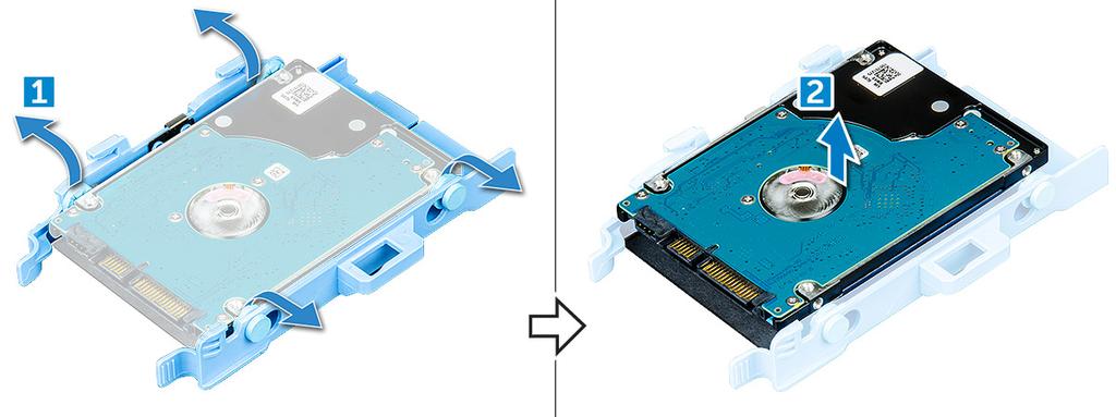 Instalowanie dysku twardego 2,5" we wsporniku 1 Wygnij drugi koniec wspornika dysku twardego, dopasuj i wsuń kołki na wsporniku do otworów z drugiej strony dysku twardego.