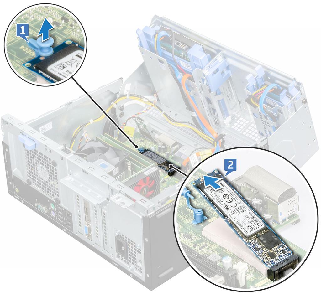 3 Zdejmij drzwiczki panelu przedniego. 4 Aby wymontować dysk SSD PCIe M.2, wykonaj następujące czynności: a Pociągnij niebieski plastikowy zaczep mocujący dysk SSD PCIe M.2 do płyty systemowej [1].