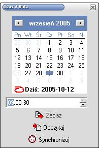 wpisanie parametrów czasu i zapis ich do wyświetlacza lub wybranie opcji Synchronizuj, co spowoduje pobranie czasu i daty z komputera i zapis tych wielkości do wyświetlacza.