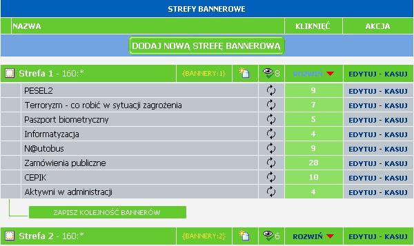 Wybór strefy NAZWA - nazwa strefy / bannera - opcja dodawania nowego bannera w strefie - ilość wyświetlanych bannerów w strefie - oznacza bannery przyklejone na stałe (możemy zmieniać kolejność ich