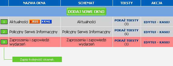 Okno nieaktywne RSS: XML: Rozmiary obrazków: - generowanie RSS dla tekstów w tym oknie - generowanie pliku XML dla tekstów w tym oknie - rozmiary miniaturek obrazków dla tego okna jeśli dany tekst