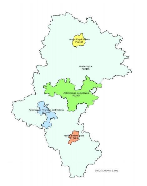 Na terenie województwa śląskiego zostało wydzielonych 5 stref zgodnie rozporządzeniem Ministra Środowiska z dnia 10 sierpnia 2012 w sprawie stref, w których dokonuje się oceny jakości powietrza (Dz.