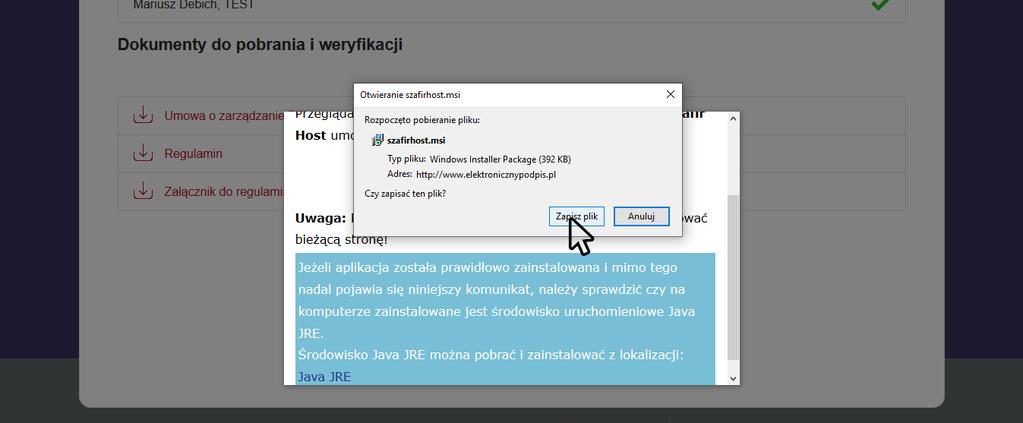 4 Instalacja aplikacji Szafir Host Do poprawnego złożenia podpisu kwalifikowanego niezbędne jest oprogramowanie Szafir Host, które powinno być zainstalowane na komputerze osoby składającej podpis.