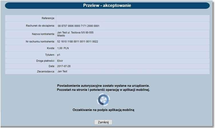 Autoryzacja operacji Najpierw należy przygotować przelew w bankowości elektronicznej (rys.20) i nacisnąć klawisz [Podpisz]. Rys.