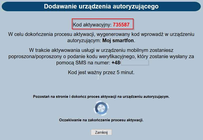 W dalszej kolejności system KBI wyświetli kod aktywacyjny, rys.13, który trzeba wprowadzić na swoim mtokenie.