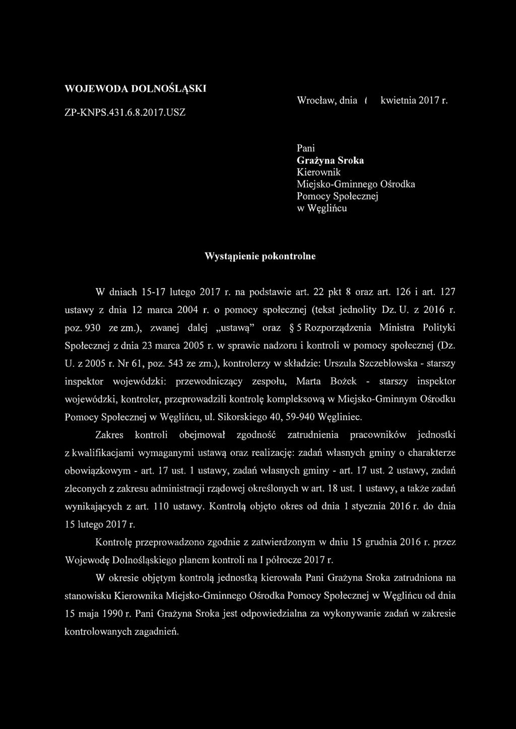 127 ustawy z dnia 12 marca 2004 r. o pomocy społecznej (tekst jednolity Dz. U. z 2016 r. poz. 930 ze zm.