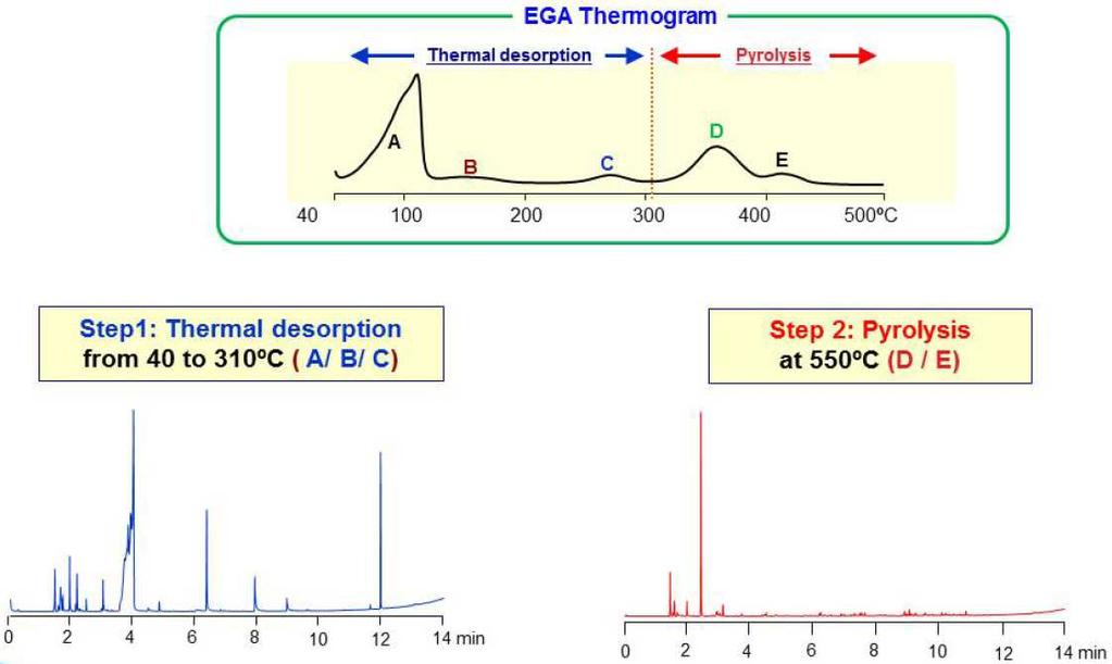 EGA GC/MS Analiza Head space Termogram EGA Piroliza Krok 1: