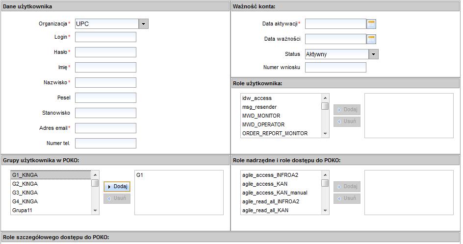 Użytkownikowi można nadać dostęp do dowolnej ilości grup. Aby funkcjonalność pracy w grupach zadziałała należy nadać użytkownikowi Role nadrzędną agile_read_group_{kod_usługi}.