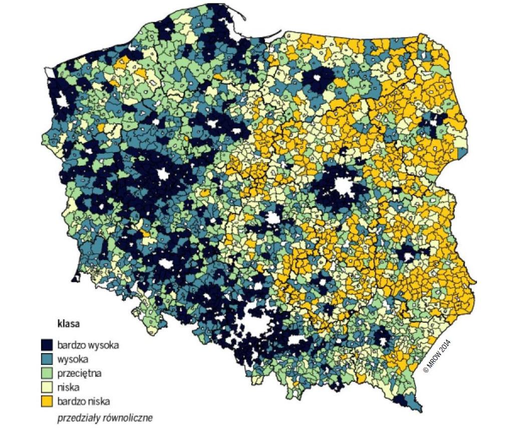 Zróżnicowanie poziomu rozwoju społeczno-gospodarczego obszarów wiejskich w Polsce Źródło: MROW. Etap II.