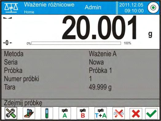 Ważenie A Po wybraniu opcji waga przechodzi do pierwszej próbki z listy, dla której nie wykonano jeszcze ważenia <A>.
