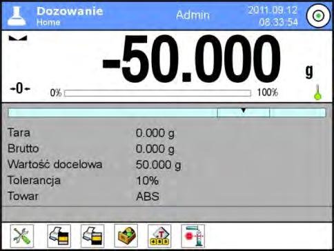 Po wybraniu funkcji Dozowanie na wyświetlaczu są dostępne następujące przyciski oraz informacje wyświetlane w polu Info: 1. Setup postęp do menu wagi. 2.