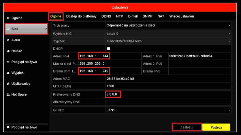 : 8.8.8.8. Alternatywny DNS dodatkowy adres serwera DNS używany w przypadku gdy serwer preferowany jest niedostępny.