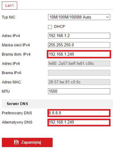 a następnie wybrać menu Sieć Ustawienia podstawowe i ustawić takie parametry jak: brama domyślna adres IP routera posiadającego dostęp do internetu Preferowany DNS adres serwera