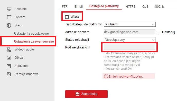 Po zapisaniu ustawień należy przełączyć się na Sieć Ustawienia zaawansowane, wybrać zakładkę Dostęp do platformy i zaznaczyć pole Włącz. UWAGA!