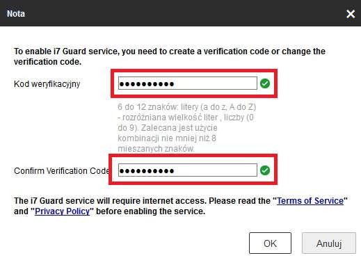 UWAGA! - dla kamer od wersji firmware 5.4.5 wzwyż i dla rejestratorów od wersji firmware 3.4.92 wzwyż pole Kod weryfikacyjny nie jest wypełnione.