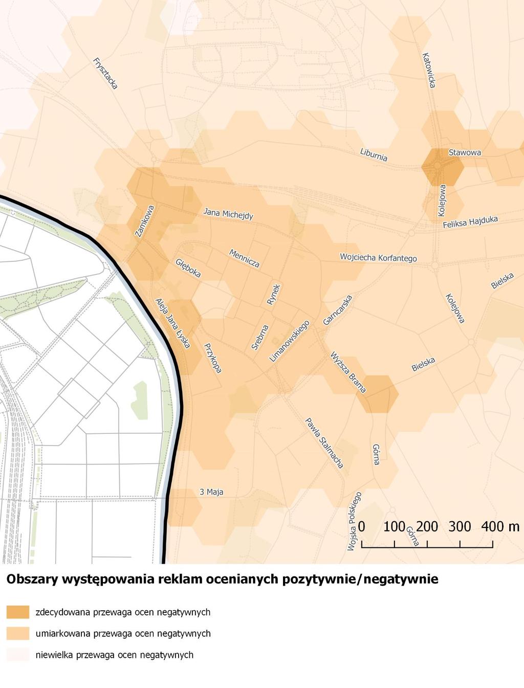 Rycina 4.3.2 Rozmieszczenie obszarów z przewagą pozytywnych i negatywnych ocen reklam na terenie Cieszyna (oznaczenia punktowe i obszarowe razem, wszyscy respondenci).