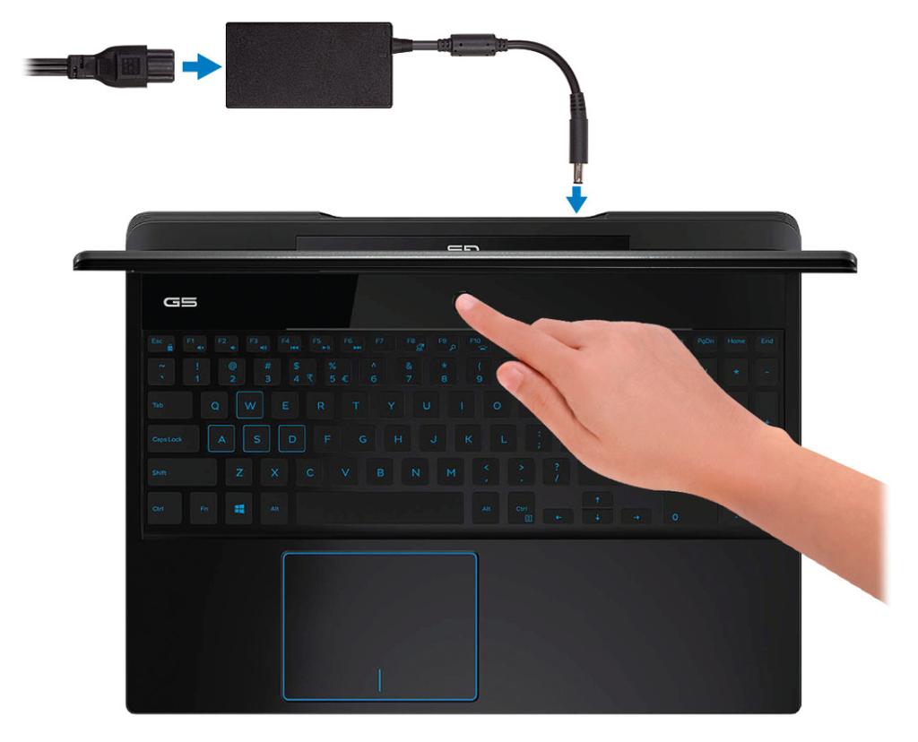 Przygotowywanie laptopa Dell G5 5590 do pracy 1 UWAGA W zależności od zamówionej konfiguracji posiadany komputer może wyglądać nieco inaczej niż na ilustracjach w tym dokumencie. 1. Podłącz zasilacz i naciśnij przycisk zasilania.