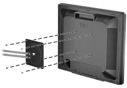 2. Aby przymocować monitor do wysięgnika obrotowego, włóż cztery śruby 10 mm do otworów płyty wysięgnika obrotowego i wkręć je w otwory montażowe monitora.