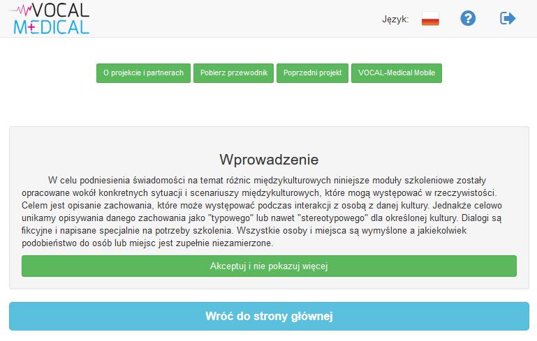 W górnej części ekranu znajduje się pasek nawigacyjny, który zawiera następujące przyciski: Logo projektu przenosi do wyższego poziomu w hierarchii witryny.