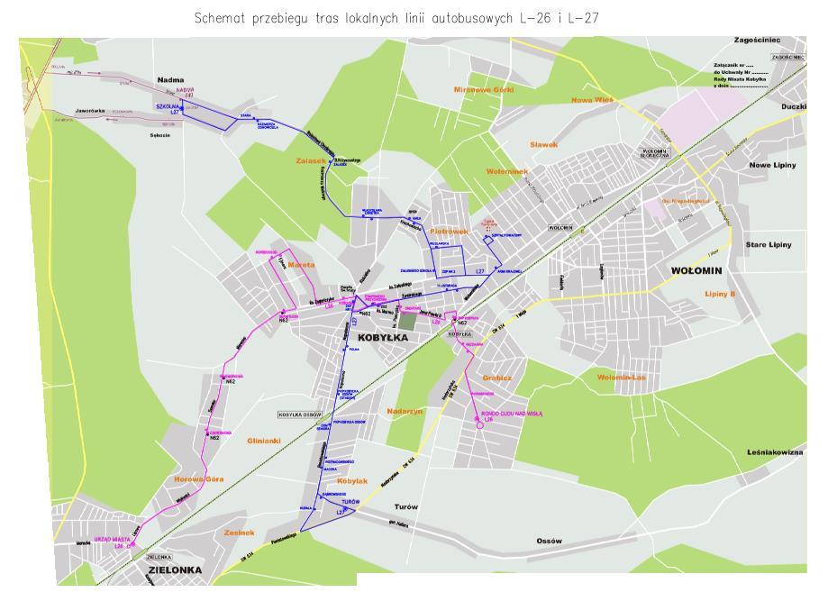 Rysunek 2. Schemat przebiegu linii autobusowych. Opracowanie własne. Dane UM Kobyłka W mieście brakuje przestrzeni publicznych o wysokim standardzie, sprzyjających integracji mieszkańców.
