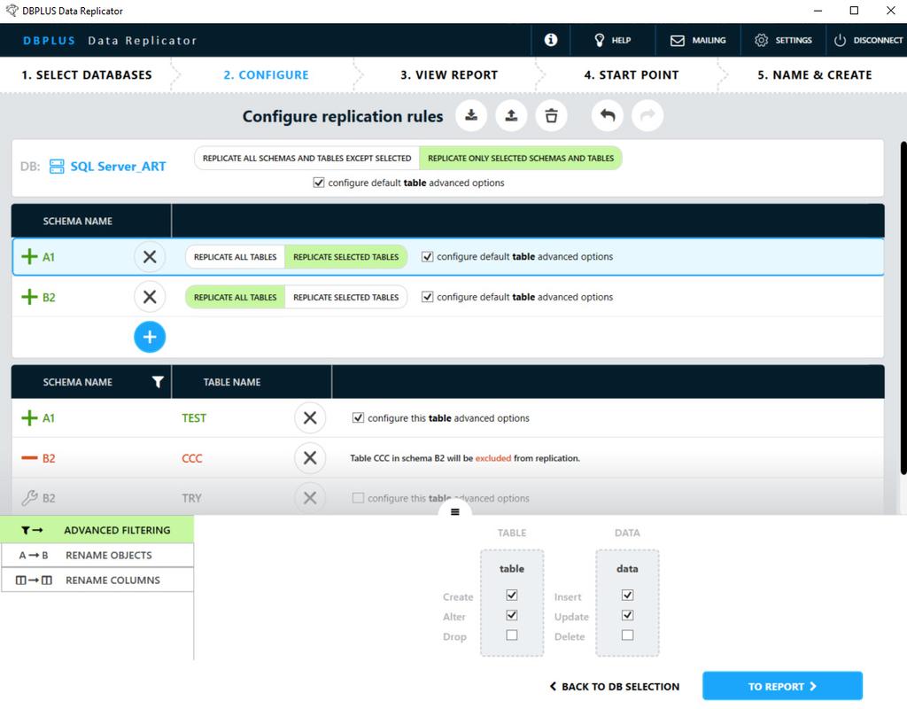 Custom poziom tabeli Ustawienia na poziomie tabeli będą nam potrzebne jeżeli: Chcemy dodać tabele do replikacji w przypadku użycia opcji REPLICATE SELECTED TABLES na poziomie schematu.