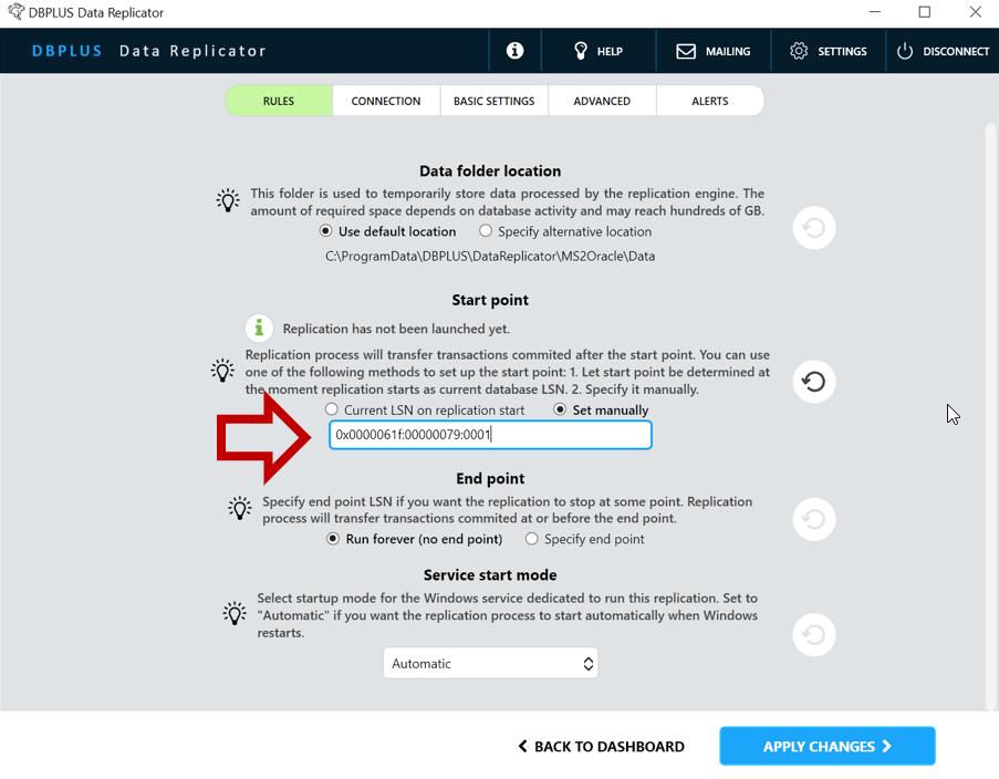 Ustalanie punktu startowego Po utworzeniu replikacji punkt startowy będzie ustawiony na Current LSN on replication start, co oznacza, że replikacja zacznie aplikować zmiany począwszy od LSN, który