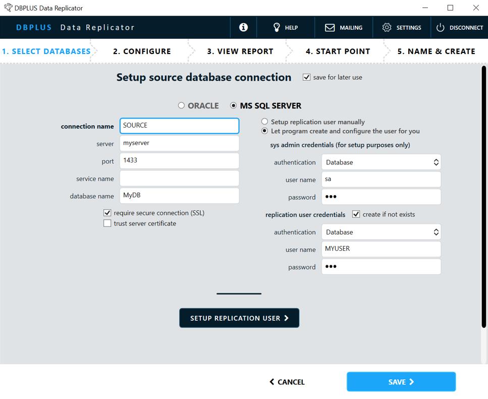 Konfiguracja Source DB Let program create and configure the user for you Użytkownik jest automatycznie tworzony (o ile zaznaczymy opcję create if not exists) i konfigurowany.