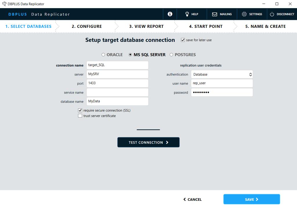 Konfiguracja Source DB W polu connection name wprowadzamy dowolną wybraną przez siebie nazwę dla połączenia.