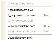 Rys. 171: Menu podręczne (tabela danych godzinowych) 18.2 Analiza profili Analiza profili pozwala na szybkie sprawdzenie czy profil dla danego miesiąca jest utworzony i posiada komplet danych.