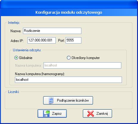Podłączenie liczników powoduje otwarcie okienka z polami, w których wybiera się udostępniane dane z liczników.