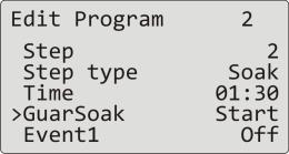 Program Przejdź na kolejny krok programu Za pomocą strzałek przejdź na nastawienie kroku (parametr Step ) i nastaw krok nr 2. Przejdź na parametr Step type i nastaw Soak.